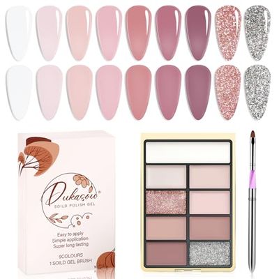DUKASOU Solid Gel Nail Polish Set, 9 Colors Salt lake Gel Polish Manicure Palette Set Nude Pink Glitter Skin Tiny Solid Cream Nail Gel Polish for Salon DIY with Pro Nail Brush