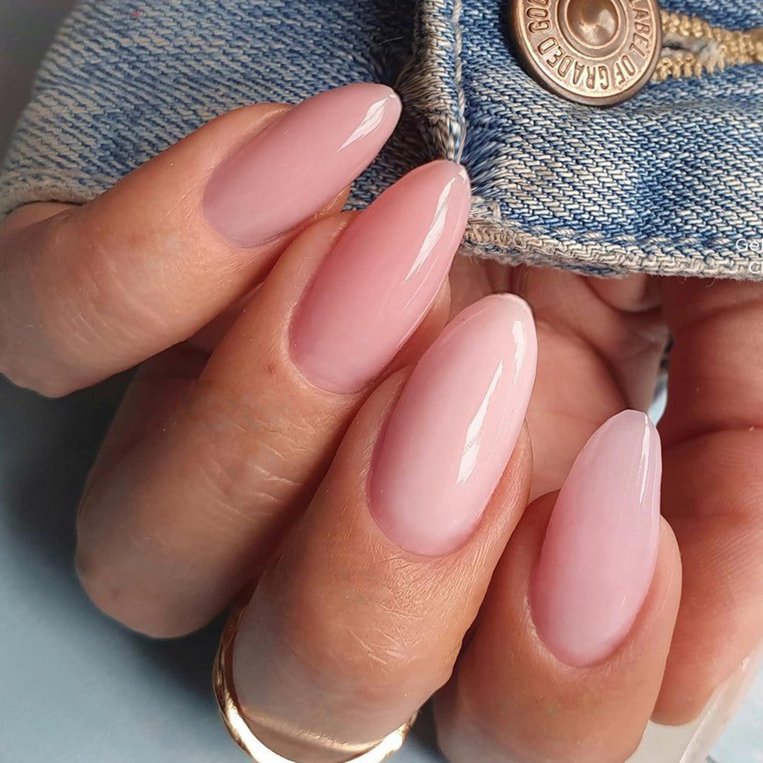 GLAMERMAID Nude Pink Press on Nails Medium Almond, Neutral Jelly Gel Glossy Fake Nails Stiletto, Pure Coral Short Oval Stick Glue on Nails Tip for Women, Reusable Acrylic Daily False Nail Manicure Kit