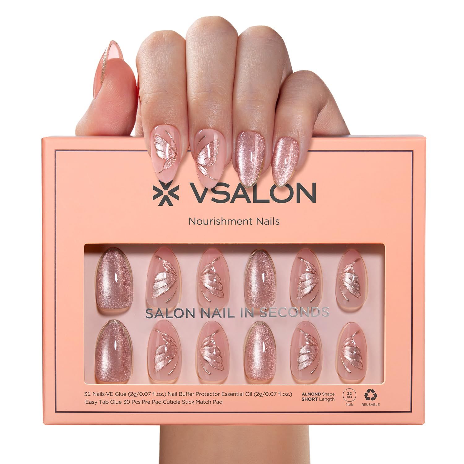 VSALON Press-On Nails Short Almond - Pink Cat Eye Semi-Transparent Design for Woman, Reusable Metallic Fake Nails with Nail Glue, Protector Cuticle Oil, Adhesive Tabs &amp; Nail File - 32 PCS in 16 Sizes