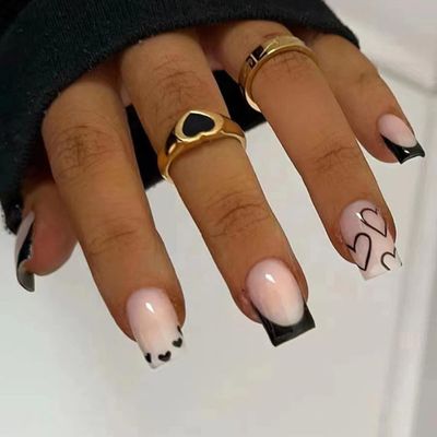 Black Heart Press on Nails Medium - French Tip Fake Nails with Heart Design Square Glue on Nails Nude Stick on Nails Full Cover Acrylic Nails Glossy Cute Artificial Nails Valentine Day Manicure Decor