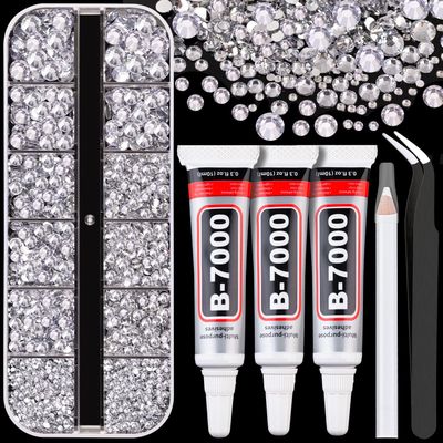 Resin Rhinestones for Crafting with B7000 Jewelry Glue, 1 Box Clear Flatback Crystals with 3Pcs 10ml Glue for Bedazzling Crafts DIY Nail Art MakeupNon Hotfix Gems for Clothing Shoes