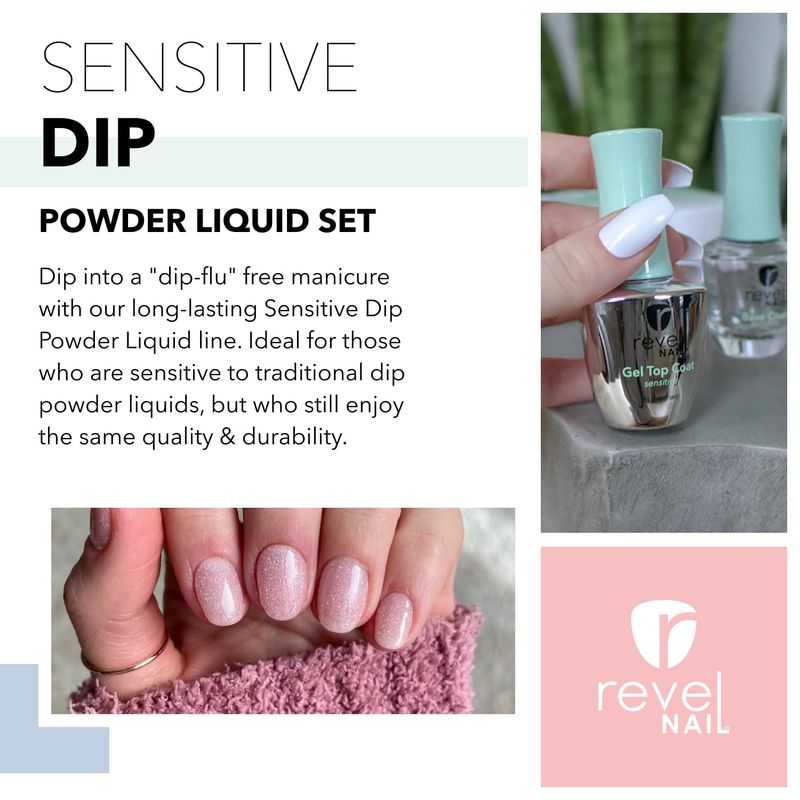 Revel Nail Sensitive Dip Powder Liquid Set - Dip Powder Base Coat, Activator, Gel Top Coat, Hema Free, Suitable for Sensitive Nails