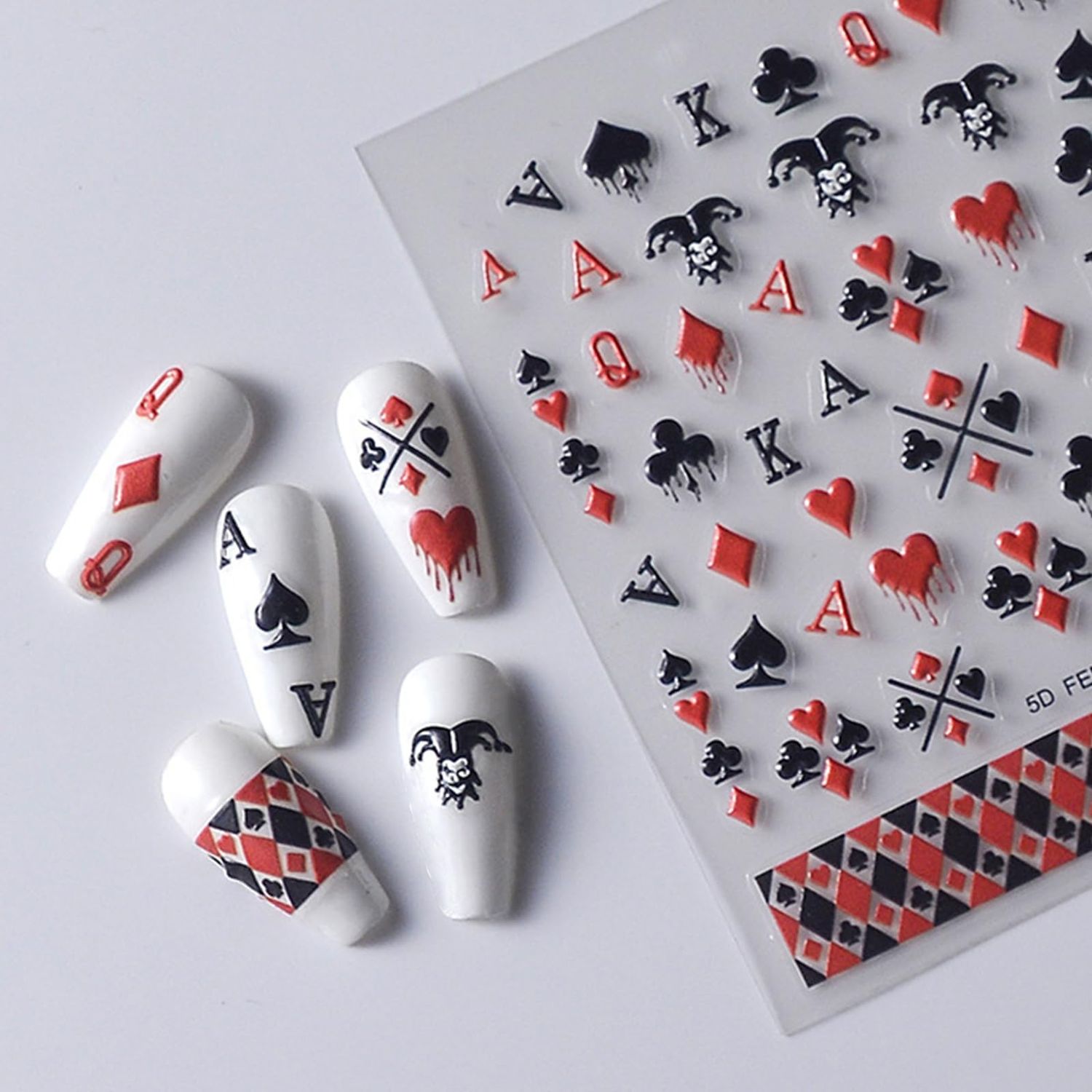Poker Nail Art Stickers Playing Card Style Nail Decals Black Red Heart 5D Embossed Self-Adhesive Letter Graphics Nail Design Supplies Red and Black Plaid for Women Girls Nail Art Decoration
