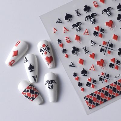 Poker Nail Art Stickers Playing Card Style Nail Decals Black Red Heart 5D Embossed Self-Adhesive Letter Graphics Nail Design Supplies Red and Black Plaid for Women Girls Nail Art Decoration