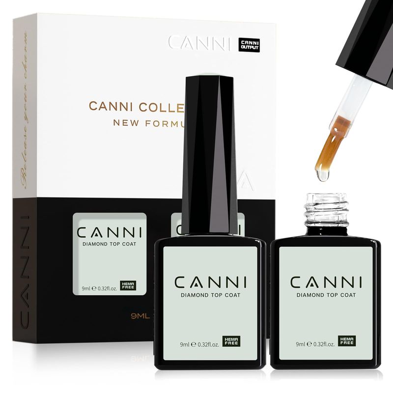 CANNI 2 Pcs No Wipe Gel Top Coat Set- High Gloss Shiny Long Lasting Top Coat Clear Gel Nail Polish Kit, Soak Off Nail Art Home and Professional Manicure