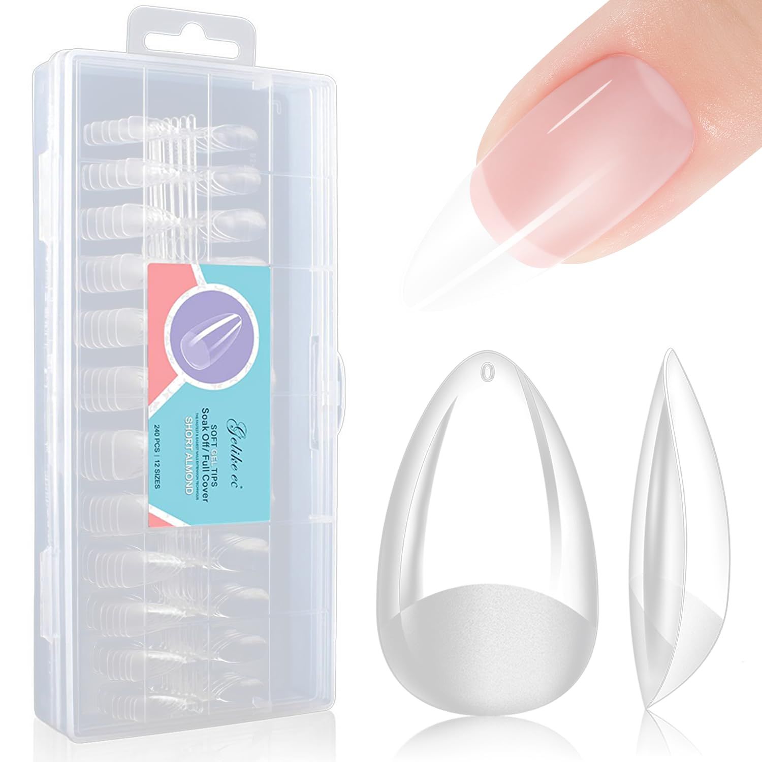 Gelike EC Nail Tips Gel for Home: Short Almond 240pcs 12 Sizes False Nails for Beginners Women Girls