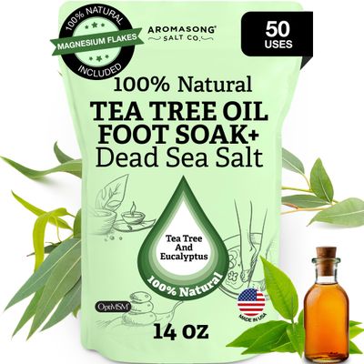 Aromasong Tea Tree Foot Soak with Magnesium Flakes and Dead Sea Foot Soaking Salts - Pedicure Tea Tree oil foot Soak for Dry Cracked Feet-Athletes Callus Remover- Eliminates Odor- Packaging may vary