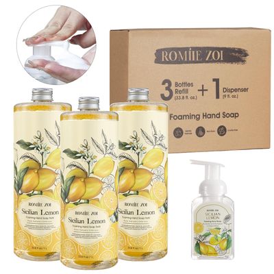 ROMIIE ZOI Wild Lemon Scented Foaming Hand Soap Refill Gift Set -3 Pack with Dispenser, Non-Toxic and Biodegradable Formula, Moisturizing with Essential Oil for Sensitive Skin (33.8 Fl Oz x 3)