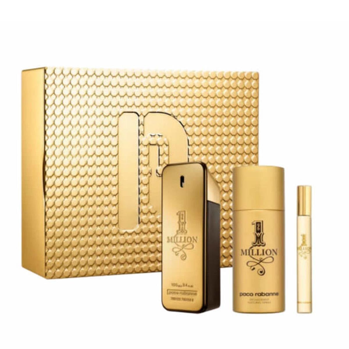 Paco Rabanne One Million 3-Piece Set for Men (3.4 Oz Eau De Toilette Spray 5.1 Oz Deodorant Spray 0.34 Oz Eau De Toilette Travel Spray)