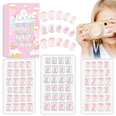 Laza 72pcs Children Nails Press On Pre-glue Full Cover White Pink Heart Flower Short False Nail Kits for Kids Teenager Girls - French Manicure