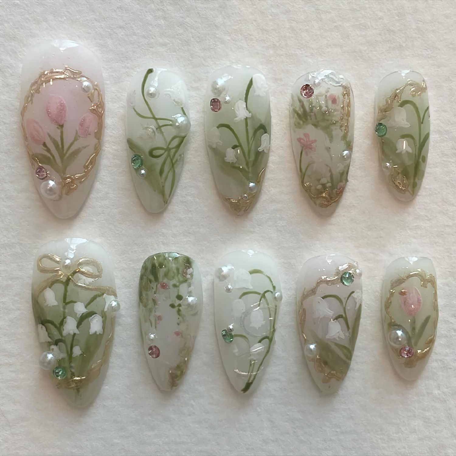 ROFIBUT 24Pcs Medium Almond Press on Nails for Women - 3D Pearl Rhinestones, Glossy Gold French Tips White Floral Bow Design Acrylic Full Cover Fake Nails Elegant Stick on Nails for Wedding Party