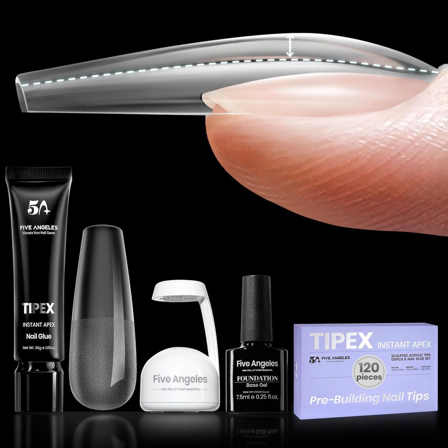 Five Angeles Tipex Instant Apex Nail Tips - Pre-Etched Acrylic Hard Gel Tips Kit for Flat Nails, Long Coffin Deep C Curve, Full Cover Press-On Nails for Beginners, UV Glue &amp; LED Lamp Set