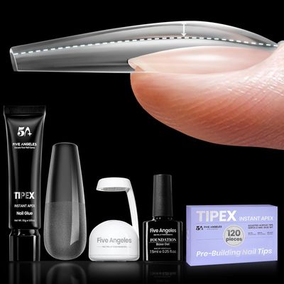 Five Angeles Tipex Instant Apex Nail Tips - Pre-Etched Acrylic Hard Gel Tips Kit for Flat Nails, Long Coffin Deep C Curve, Full Cover Press-On Nails for Beginners, UV Glue &amp; LED Lamp Set