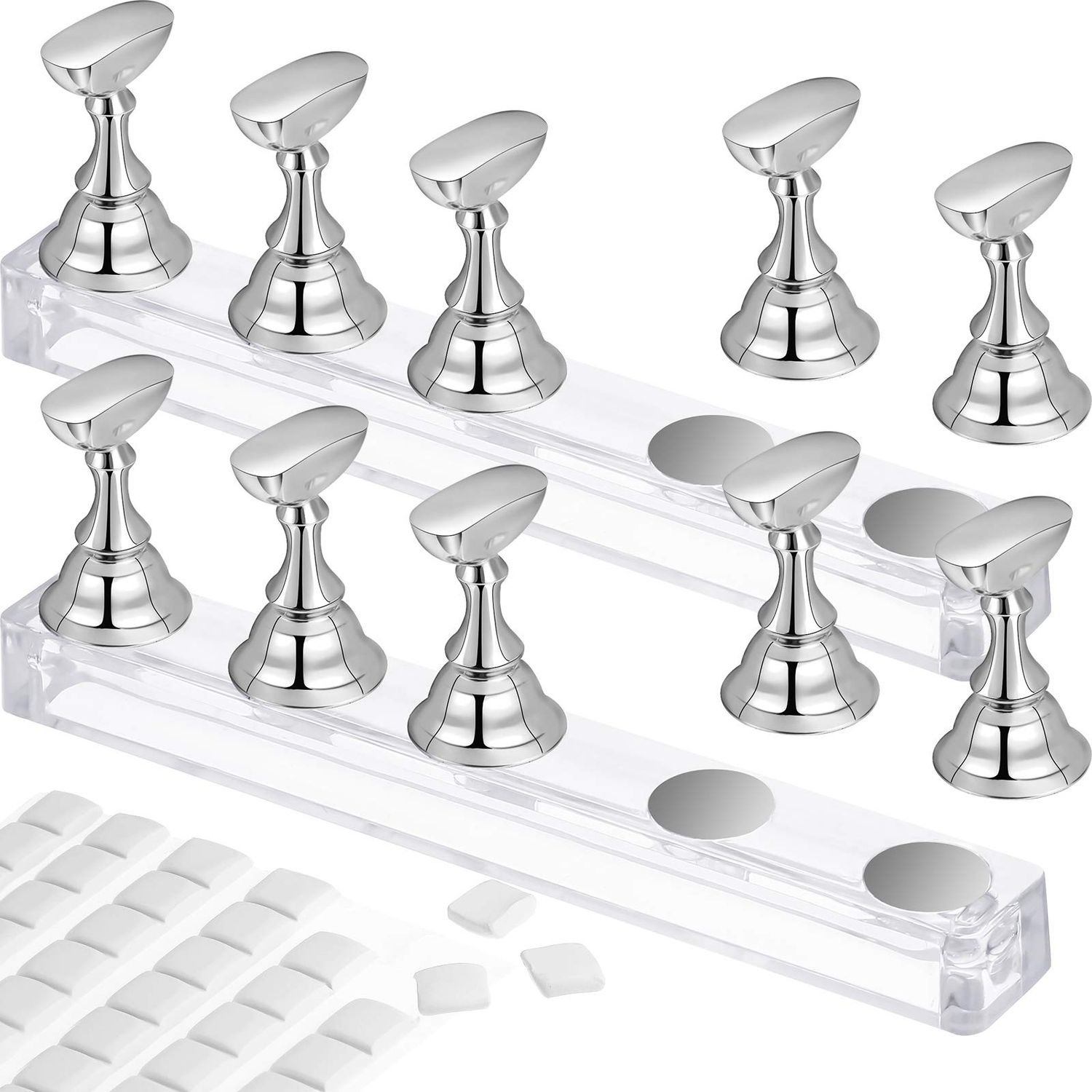 2 Set Nail Stand for Painting Press Nail Holder Acrylic Magnetic Tips Training Fingernail Display Stands DIY Crystal Holders and 96 Pieces White Reusable Adhesive Putty(Silver)