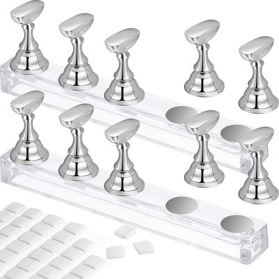2 Set Nail Stand for Painting Press Nail Holder Acrylic Magnetic Tips Training Fingernail Display Stands DIY Crystal Holders and 96 Pieces White Reusable Adhesive Putty(Silver)