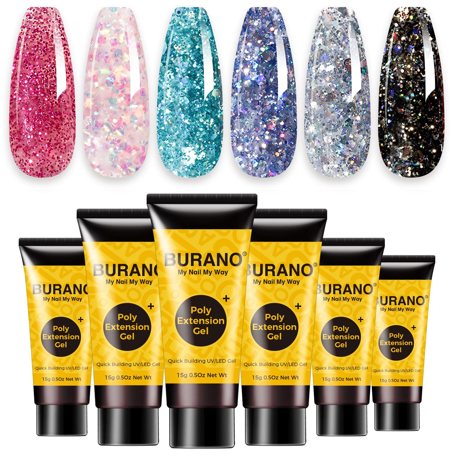 BURANO Poly Extension Gel Nail Kit, 6 Colors Nail Poly Nails Builder Gel Set for Beginner &amp; Professional Using, Poly Nail Gel Kits DIY Starter Kit Nail Art Gift (glitter)
