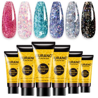 BURANO Poly Extension Gel Nail Kit, 6 Colors Nail Poly Nails Builder Gel Set for Beginner &amp; Professional Using, Poly Nail Gel Kits DIY Starter Kit Nail Art Gift (glitter)