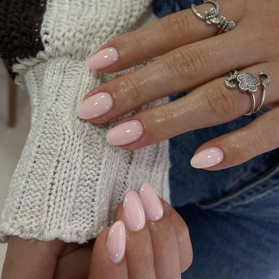 Dusty Baby Pink Press on Nails Short Oval Round Nails Glue on, SXVME Short Fake Nails Press ons, Acrylic False Nails Handmade of Gel, Best Thick Natural Almond Nails for Big &amp; Petite Fingers, 24Pcs