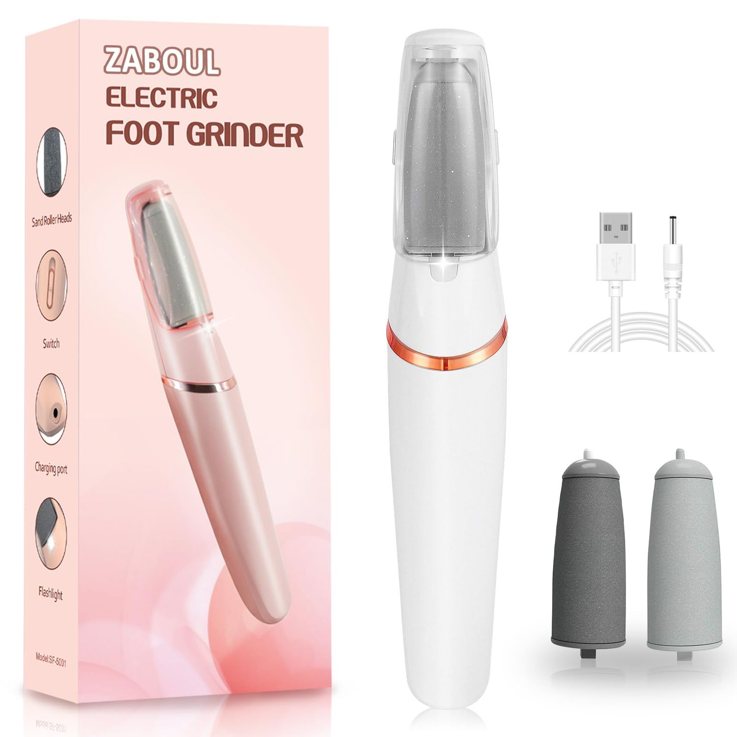 ZABOUL Electric Foot Callus Remover, Callus Remover for Feet Rechargeable Portable Pedicure Tool Kit, Smooth Pedicure Wand for Feet Care, Removes Dry Hard &amp; Dead Skin Ideal Gift (White)