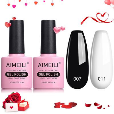 AIMEILI 2Pcs Black White Gel Nail Polish Kit Soak Off U V LED Nail Gel Polish Color Nail Art Starter Manicure