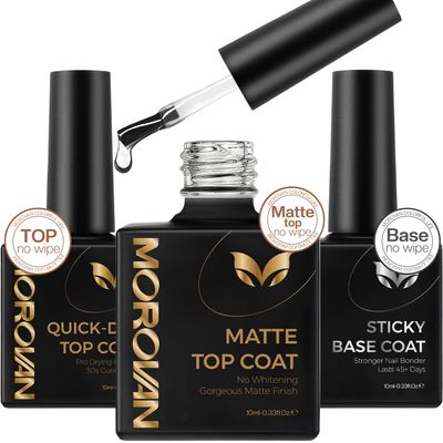 Morovan Gel Base Top Coat: 3PCS No Wipe Gel Shine Matte Top and Base Coat Set - Soak Off Nail Lamp Long Lasting Top Coat Nail Polish and Gel Base Coat for Women Salon DIY