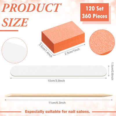 120 Sets Disposable Manicure Kit Basics 3 Pieces Nail Kit, White Wood Nail File 180/180 Grit, Orange Mini Buffer 100/180 Grit, Individually Packed Mini Pedicure Set for Fingernails Toenails