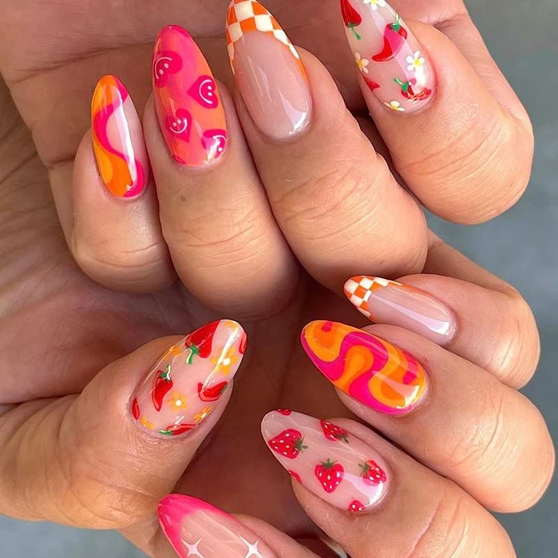 24Pcs Almond Press on Nails Medium Length Summer Style Fake Nails Glossy Glue on Nails with Design Fruit Flower Cute Acrylic False Nails French Tips Stick on Nails Artificial Nails for Women DIY Decor