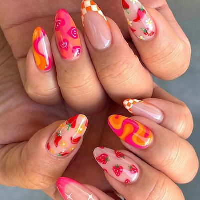 24Pcs Almond Press on Nails Medium Length Summer Style Fake Nails Glossy Glue on Nails with Design Fruit Flower Cute Acrylic False Nails French Tips Stick on Nails Artificial Nails for Women DIY Decor