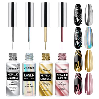 U-Shinein 4x12ml Metallic Mirror Painting Liner Gel Polish Set, Mirror Chrome Holographic Laser Effect Painted Nail Polish, Metal Drawing Striper Gel Build in Thin Brush Nail Art Manicure Set