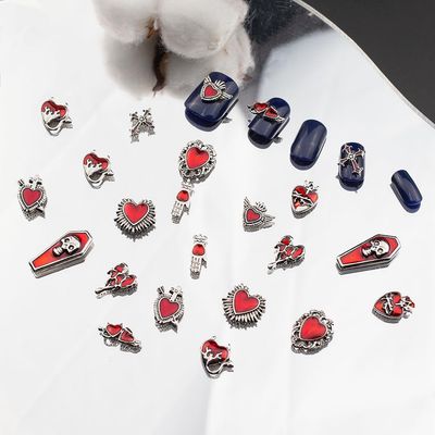 Y2K 3D Chrome Gem Nail Charms - Gothic Set with Cross, Heart, Tombstone, Red &amp; Retro Designs - DIY Bracelet Charms
