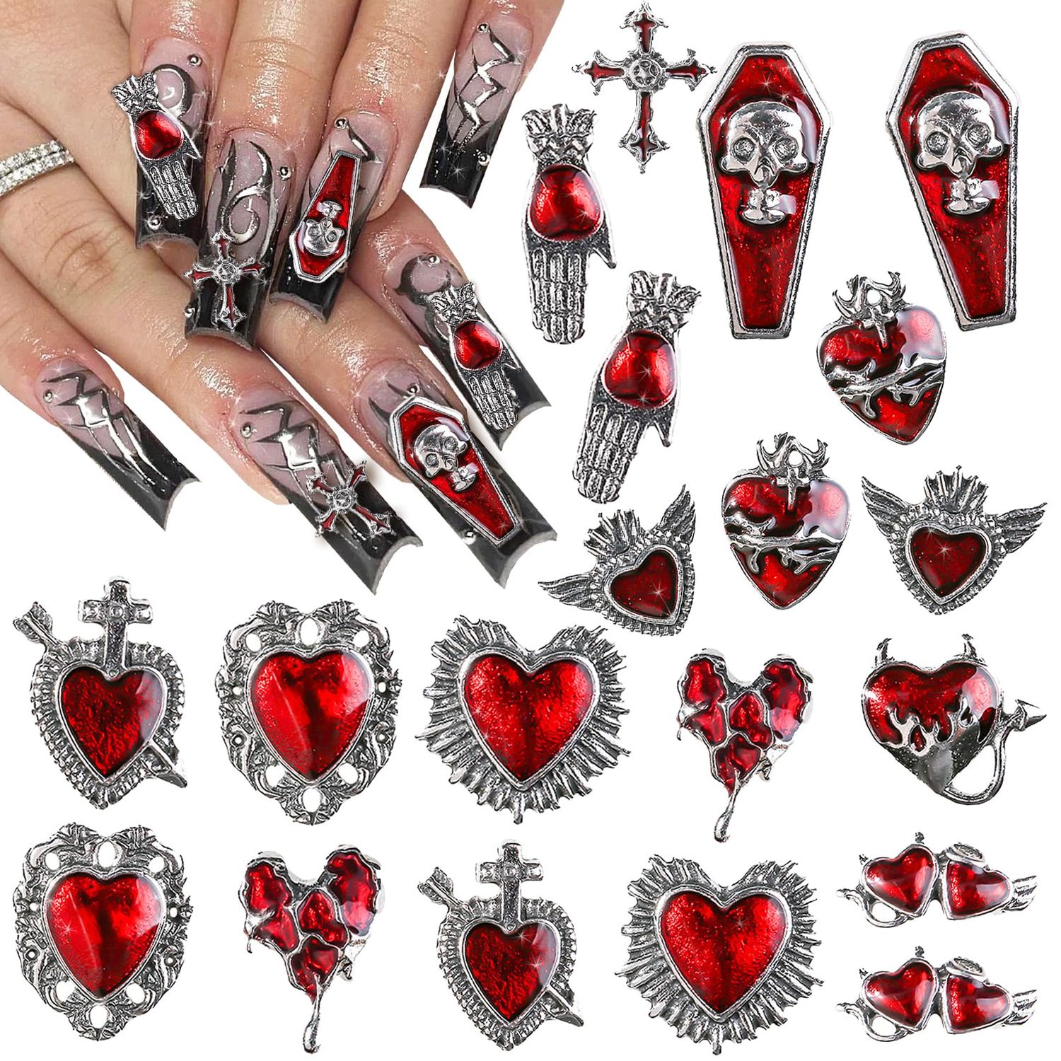 Y2K 3D Chrome Gem Nail Charms - Gothic Set with Cross, Heart, Tombstone, Red &amp; Retro Designs - DIY Bracelet Charms