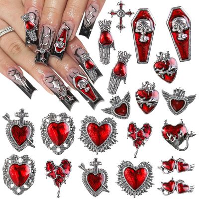 Y2K 3D Chrome Gem Nail Charms - Gothic Set with Cross, Heart, Tombstone, Red &amp; Retro Designs - DIY Bracelet Charms