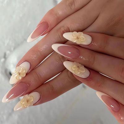 Yellow Flower Press on Nails Medium Almond Fake Nails Glossy White False Nail Tips with 3D Flower Designs Full Cover Glue on Nails French Acrylic Nails Stick on Artificial Nails for Women, 24Pcs