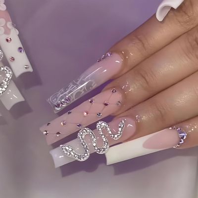 MISUD Long Press on Nails Long Square Fake Nails Glossy Glue on Nails White French Tip Acrylic Nails Squoval Ombre Artificial Nails Snake Rhinestone Stick on False Nails with Design 24 pcs