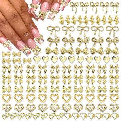 BELICEY 110Pcs Bow Heart Nail Charms Gold 3D Metal Bow Charm for Nails Flatback Heart Bowknot Nails Decoration Cute Nail Bows for Women Manicure DIY Nail Art Design Crafts