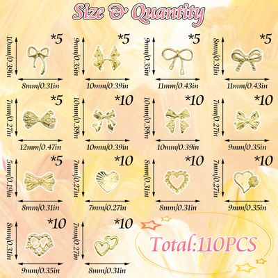 BELICEY 110Pcs Bow Heart Nail Charms Gold 3D Metal Bow Charm for Nails Flatback Heart Bowknot Nails Decoration Cute Nail Bows for Women Manicure DIY Nail Art Design Crafts