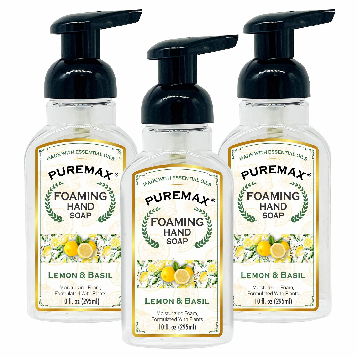 Puremax Foaming Hand Soap Lemon Basil Refills with Essential Oils | Gentle, Moisturizing | Ready to Use | Made in USA | 10.00 Fl Oz (Pack of 3) |