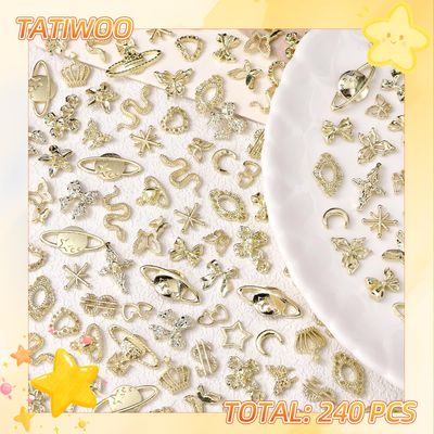 240 Pcs 3D Gold Nail Charms, Mixed Alloy Crown Bows Cross Nail Gold Charms, Golden Planet Star Metal Nail Art Charms Snake Charms for Acrylic Nails DIY Y2K Accessories