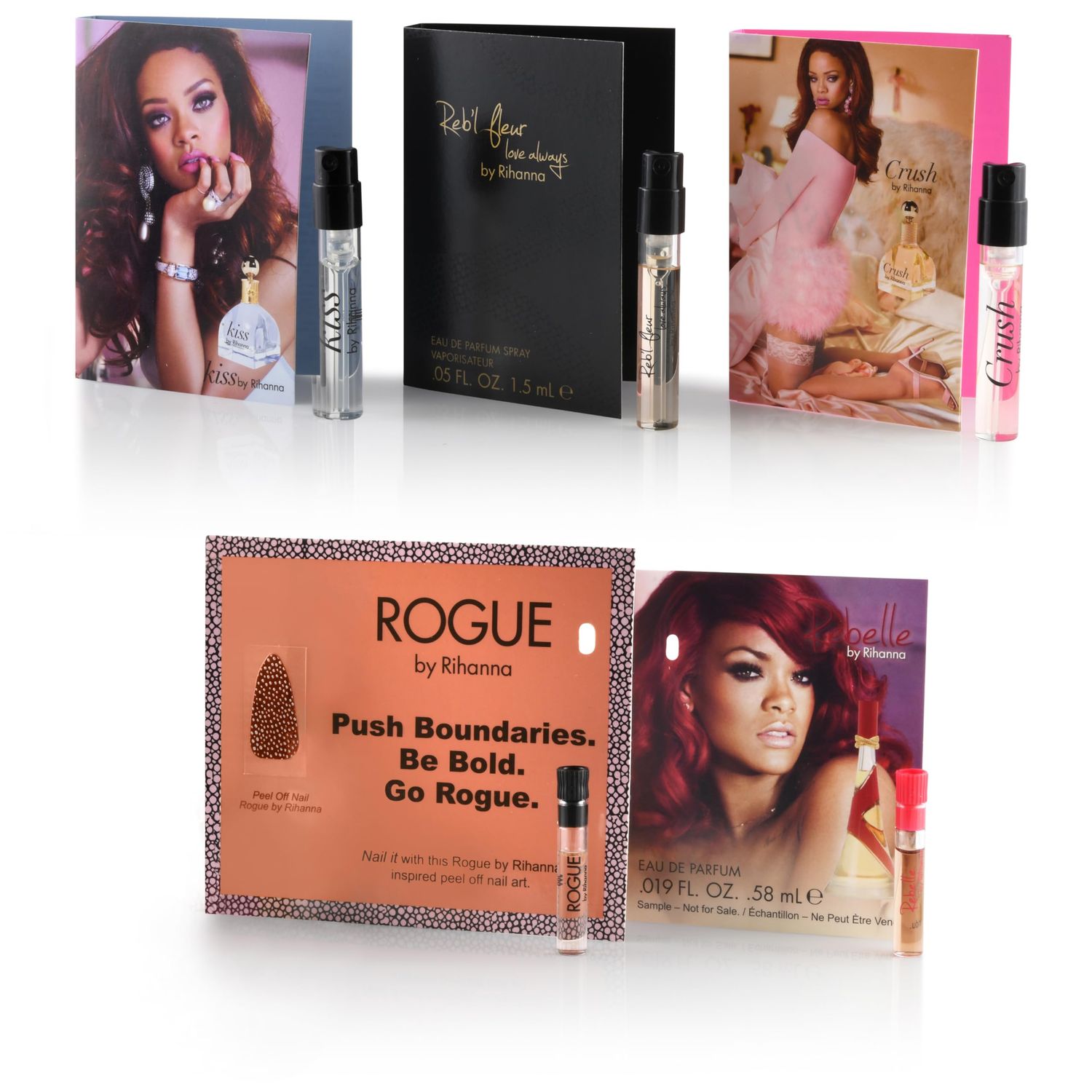 5 Rihanna perfume samples for women: Crush, Rebl Fleur, Kiss, Rogue, and Rebelle. Fragrance sample vial bottles perfume Set. Great for small gift or to try before purchasing bigger bottles.