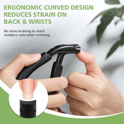 BALUCA Curved Head Toenail Clippers for Seniors for Thick Toenails, Long Handle Toe Nail Clippers with Catcher, German Stainless Steel Angled Nail Clippers with Silicone-Grip - Black