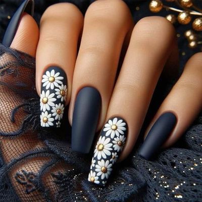 Coffin Press On Nails Medium Fake Nails Black False Nails With Daisy Design Flower Acrylic Nails Artificial Nails Reusable Glue On Nails Full Cover Stick On Nails For Women Manicure Art 24pcs