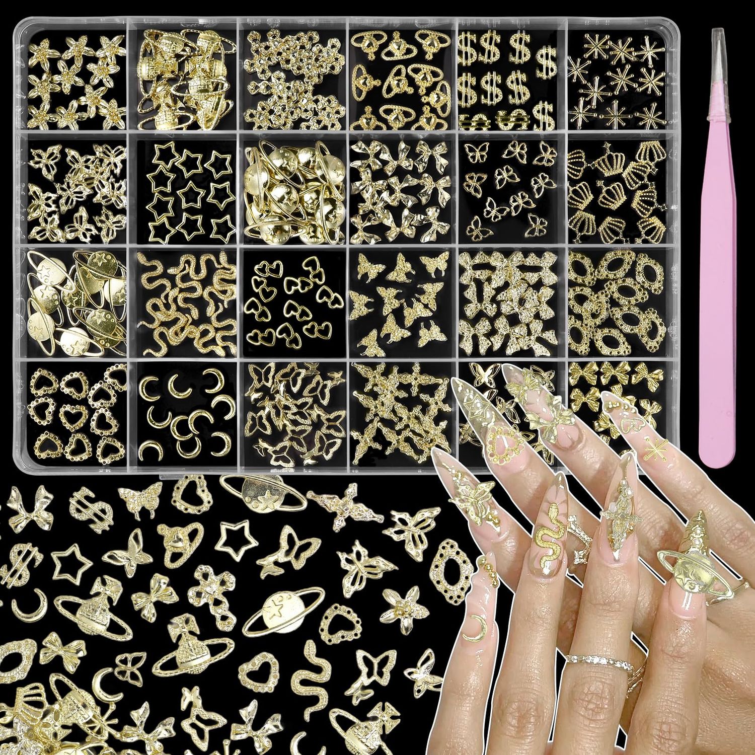 240 Pcs 3D Gold Nail Charms, Mixed Alloy Crown Bows Cross Nail Gold Charms, Golden Planet Star Metal Nail Art Charms Snake Charms for Acrylic Nails DIY Y2K Accessories