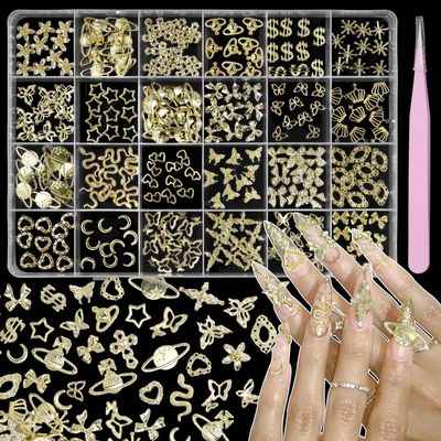 240 Pcs 3D Gold Nail Charms, Mixed Alloy Crown Bows Cross Nail Gold Charms, Golden Planet Star Metal Nail Art Charms Snake Charms for Acrylic Nails DIY Y2K Accessories