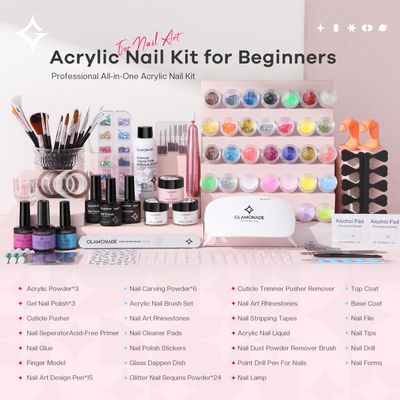Glamonade Acrylic Nail Kit for Beginners: Professional Complete Set with Drill UV Light Gel Polish Nail Art Tools for Salon Quality Manicures at Home