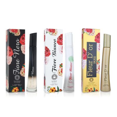 META-BOSEM Fiore Flower Perfume Set Collection for Women - WhiteBlackRedYellow Fragrance Bottles for Ladies, Eau de Parfum Spray - Rose Floral Scent (Pack of 3) Each 3.4 Fl Oz, Total 10.80 Fl Oz
