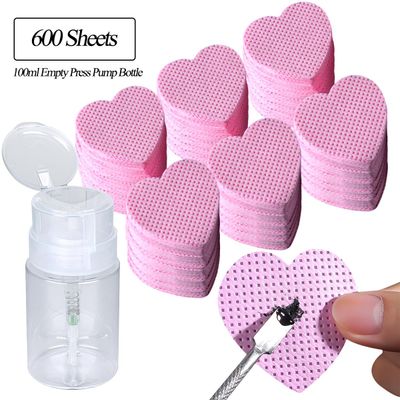 600PCS Lint Free Nail Wipes with 100ml Empty Press Pump Bottle,Gel Polish Remover Clean Cotton Pads and Acetone Dispenser,Non-Woven Fabric Eyelash Glue Wipes Paper with Refillable Bottle for Nail Art