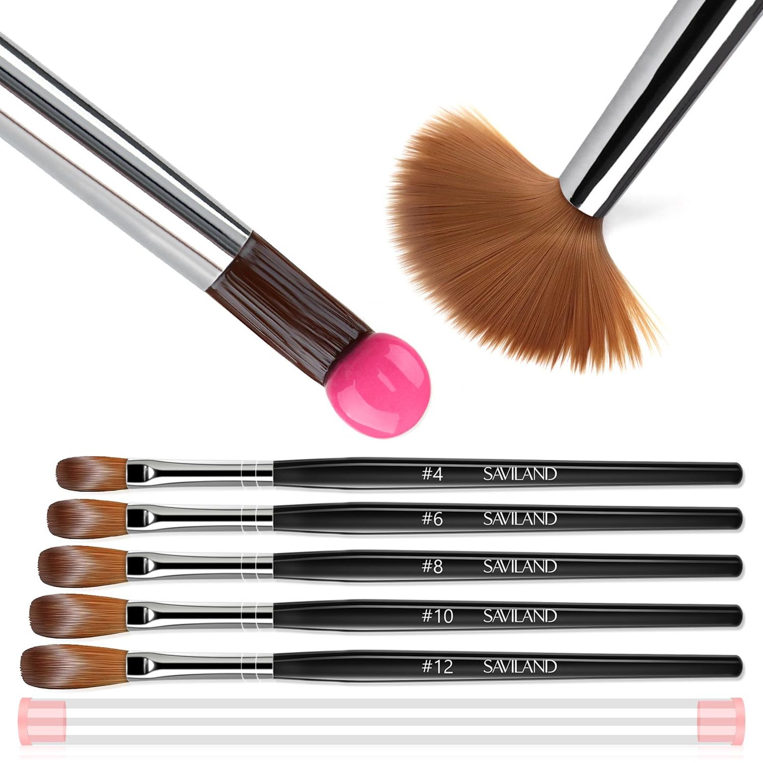 Saviland Kolinsky Acrylic Nail Brush Set: Size 4/6/8/10/12 Acrylic Nail Brushes for Acrylic Powder Application, Round Shaped Nail Brushes for Nail Art Extension 3D Nail Carving Manicure Tools Home DIY