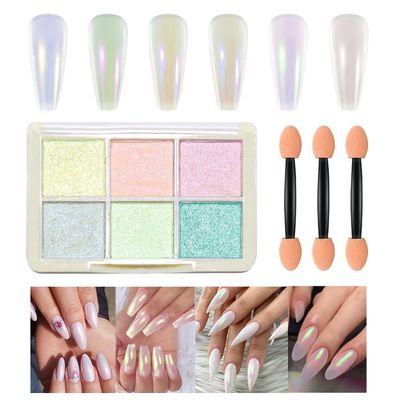 6 Colors Aurora White Chrome Nail Powder, Iridescent Mermaid Pearl Nails Powder Pigment, Aurora None Chameleon Chrome Powder Fairy Manicure Dust for Nails