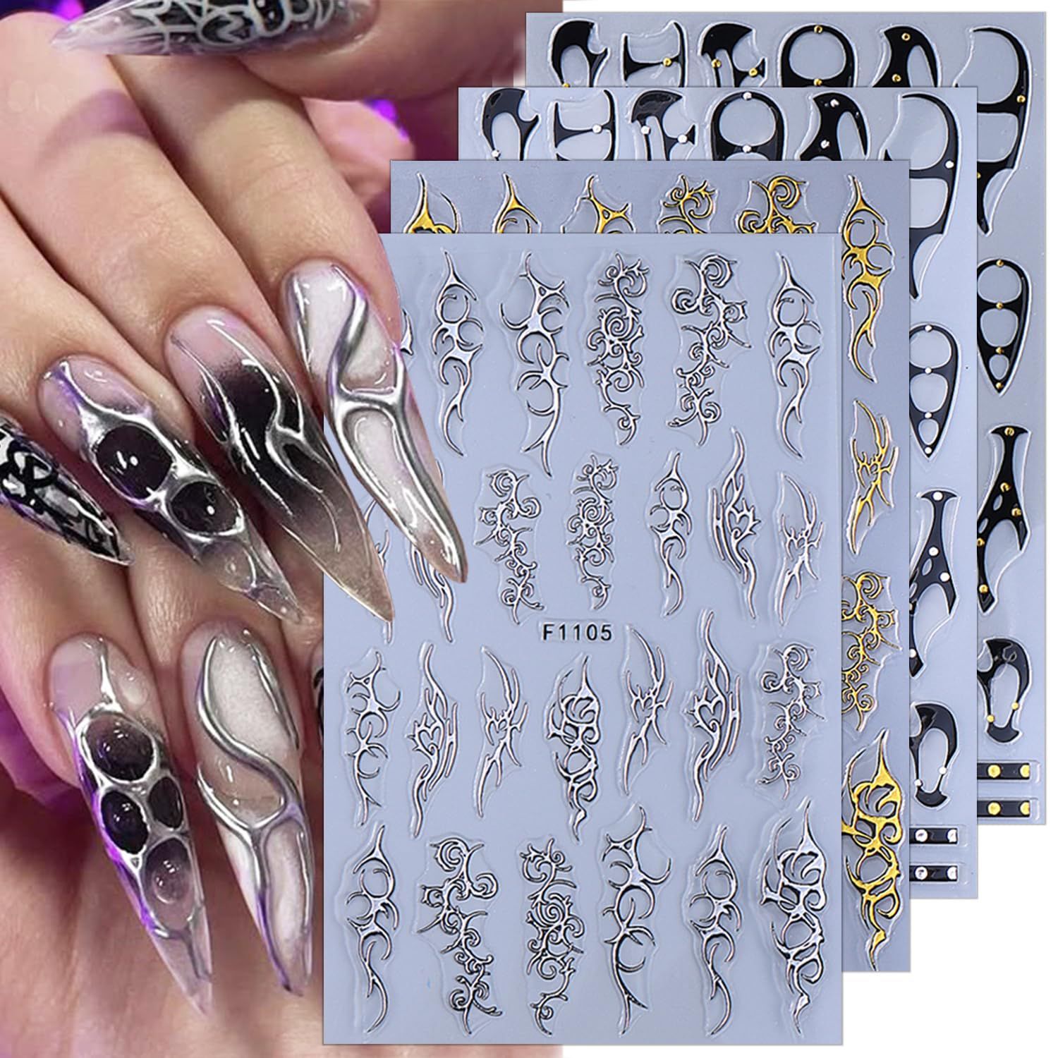 8 Sheets Gothic Nail Stickers for Nail Art Black Punk Belt Nail Decals 3D Self-Adhesive Gold Silver Line Nail Art Stickers Retro Punk Style Thorns Flame Lines Nail Design Decals for Women DIY Nails