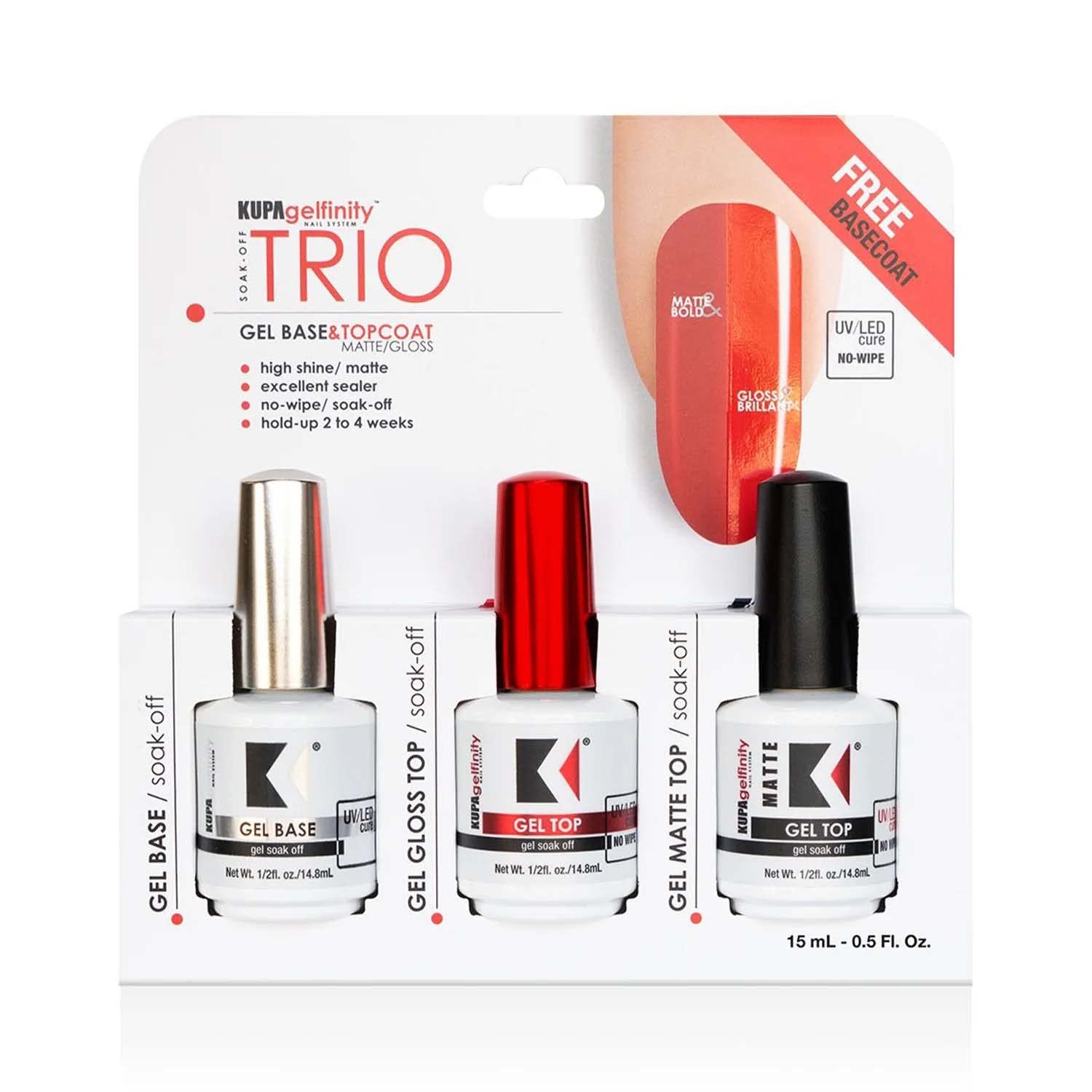 KUPA Gelfinity - Soak Off Gel - Base &amp; Glossy Top &amp; Matte Top Coat (No-Wipe) 0.5 Fl Oz